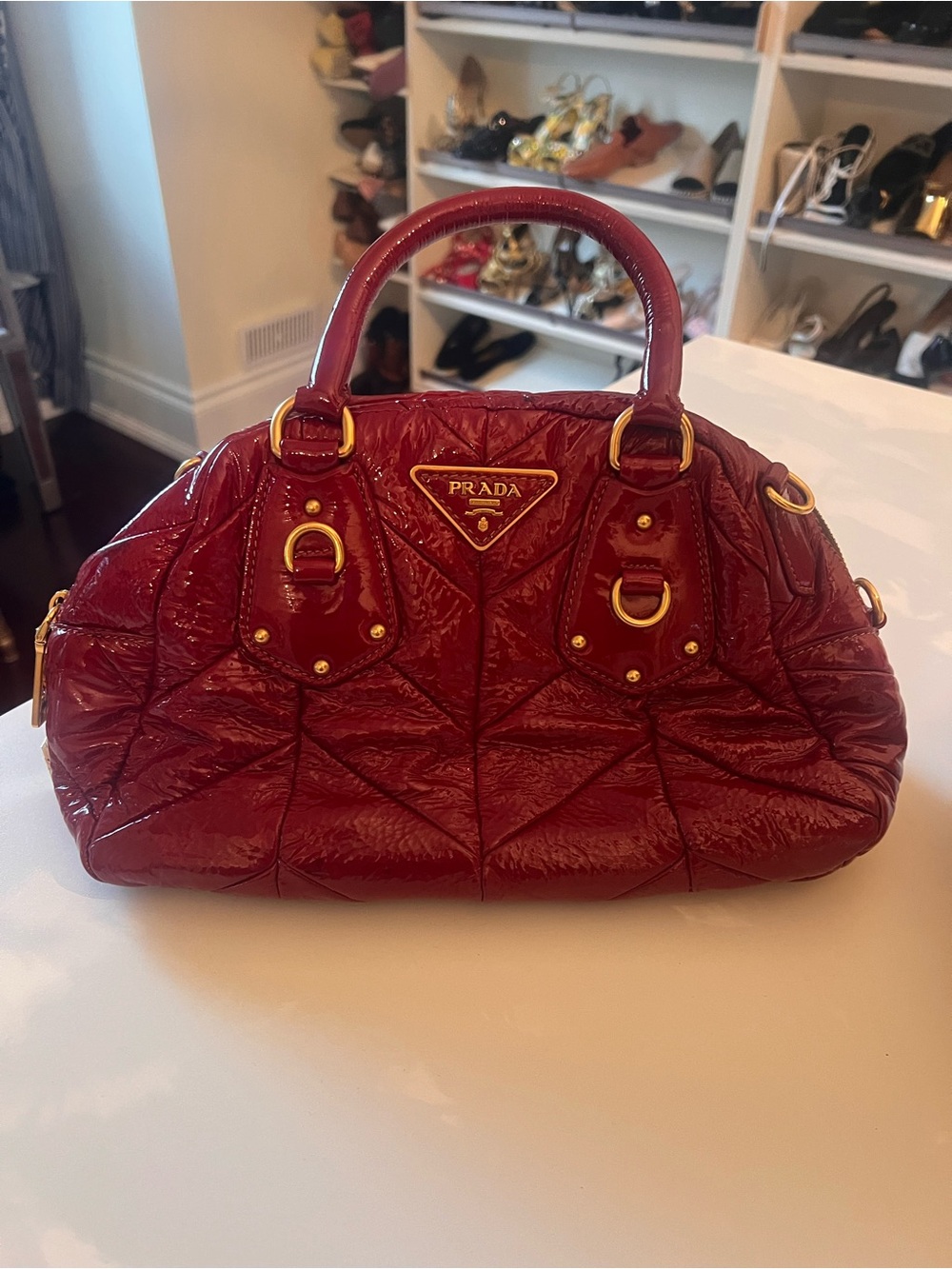 Prada Blood Red Patent Leather Satchel with Gold Hardware